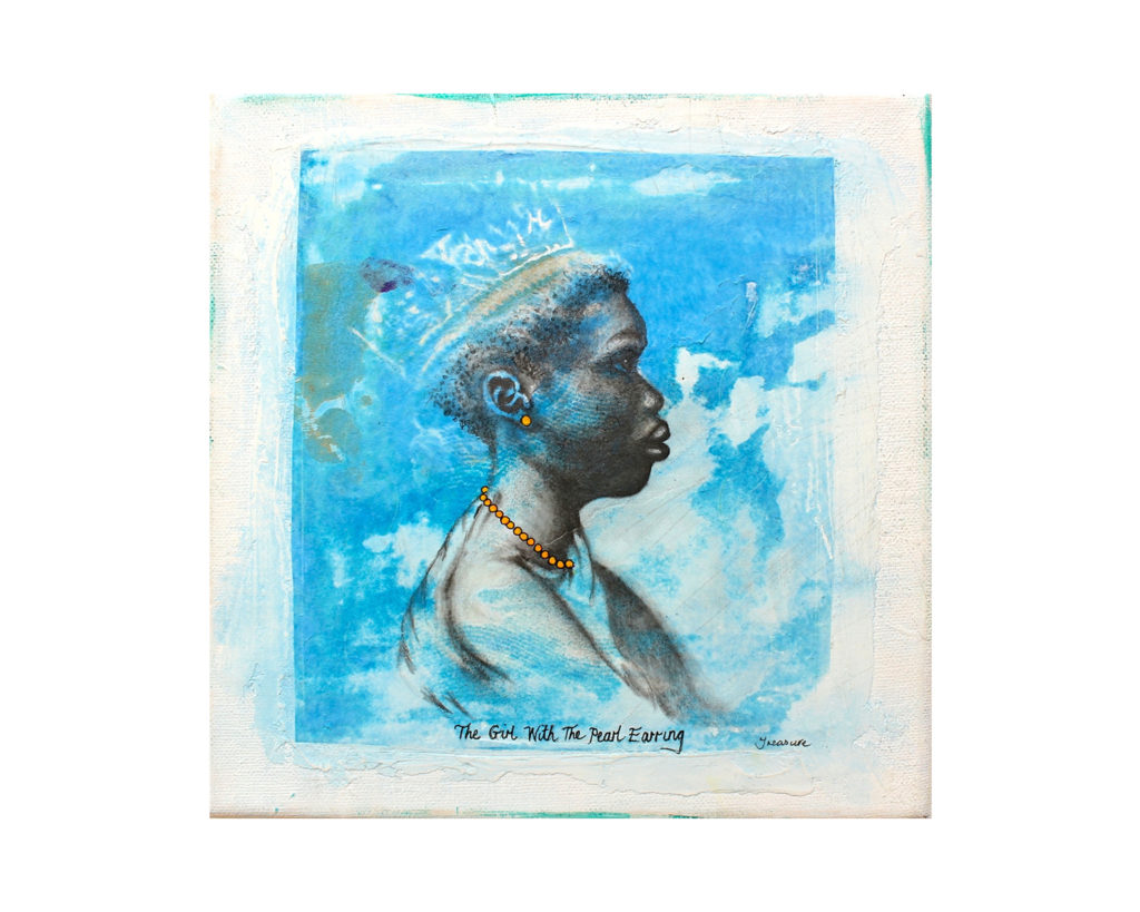 Mixed-media artwork titled "The Girl With the Pearl Earring" by Joyce Treasure. This reimagining of a classic portrait title features a young Black woman in profile, rendered in vibrant blue tones with a delicate gold pearl earring and necklace, overimposed against a textured layering of a postage stamp.