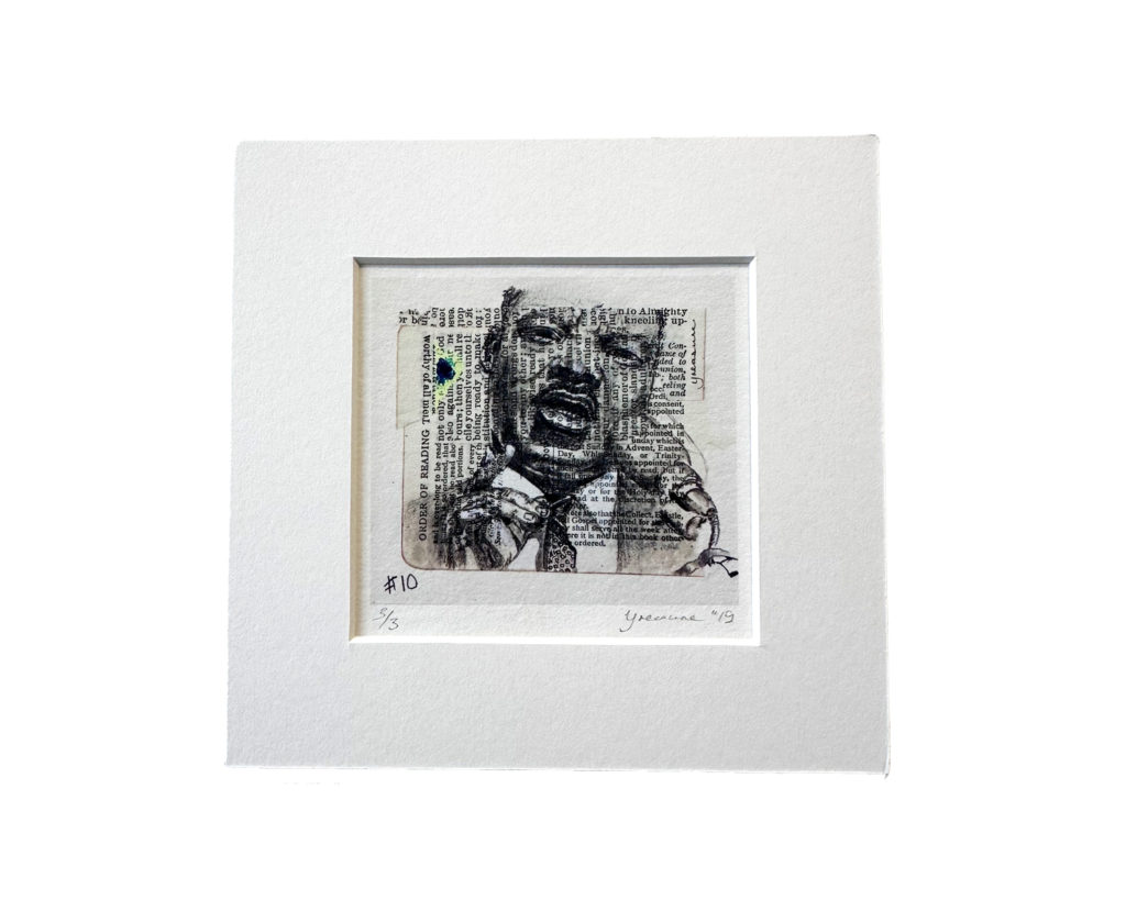 Black and white mixed-media artwork titled "Hymn #10: Martin Luther King" by Joyce Treasure. The piece features a dynamic portrait of Dr. Martin Luther King Jr. rendered onto a common prayer book page.