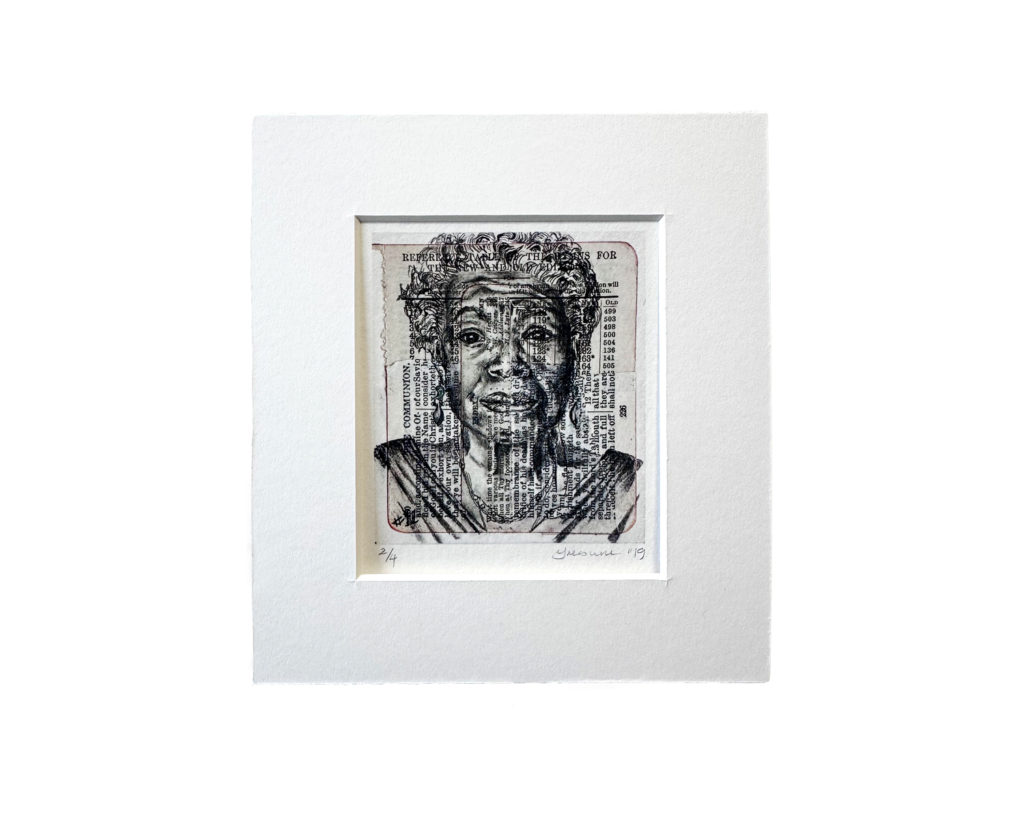 Black and white portrait of Maya Angelou, rendered onto common prayer book pages, framed in white mount.