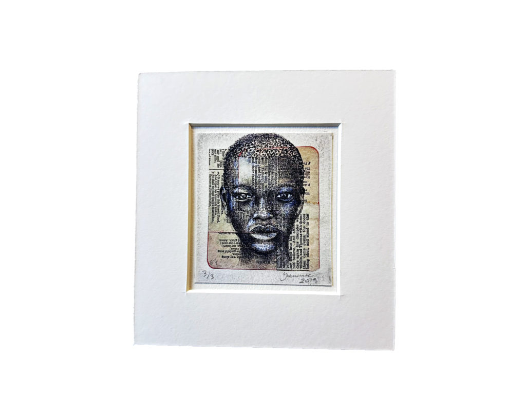 Portrait of a member of the Bodi Tribe, rendered onto common prayer book pages, framed in white mount.