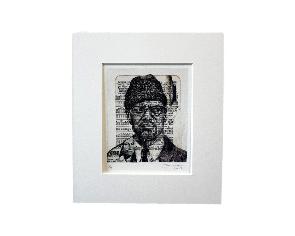 Black and white mixed-media artwork featuring a portrait of Malcolm X overlaid with text from a prayer book, set against a layered and textured background. In the bottom left corner, an image of the American dollar featuring George Washington is collaged into the fabric of Malcolm X's clothing, adding layers of symbolism and commentary.